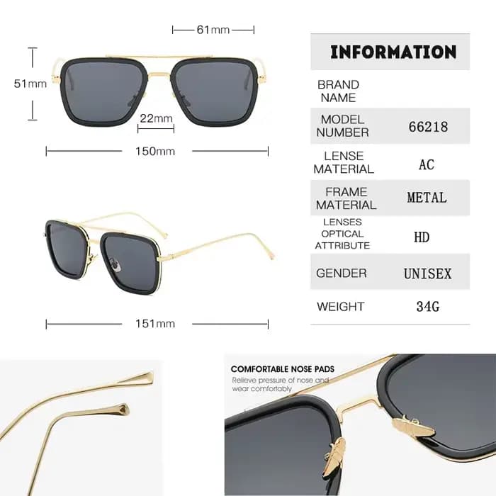 Lunettes de soleil mode cadre carré Tony Stark Style femmes