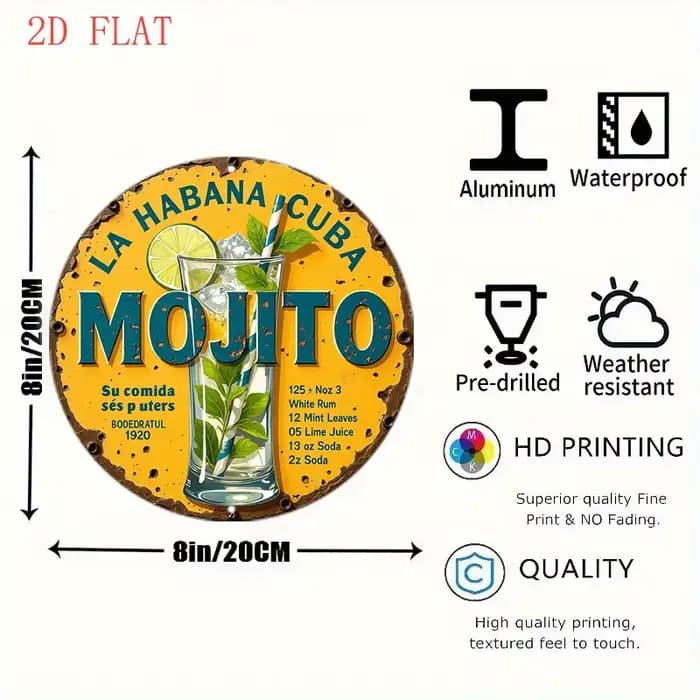 1 plaque vintage avec recette de cocktail Mojito - Décoration de bar cubain avec citron vert, menthe, rhum - Décoration rétro pour cuisine, pub, terrasse - Facile à poser