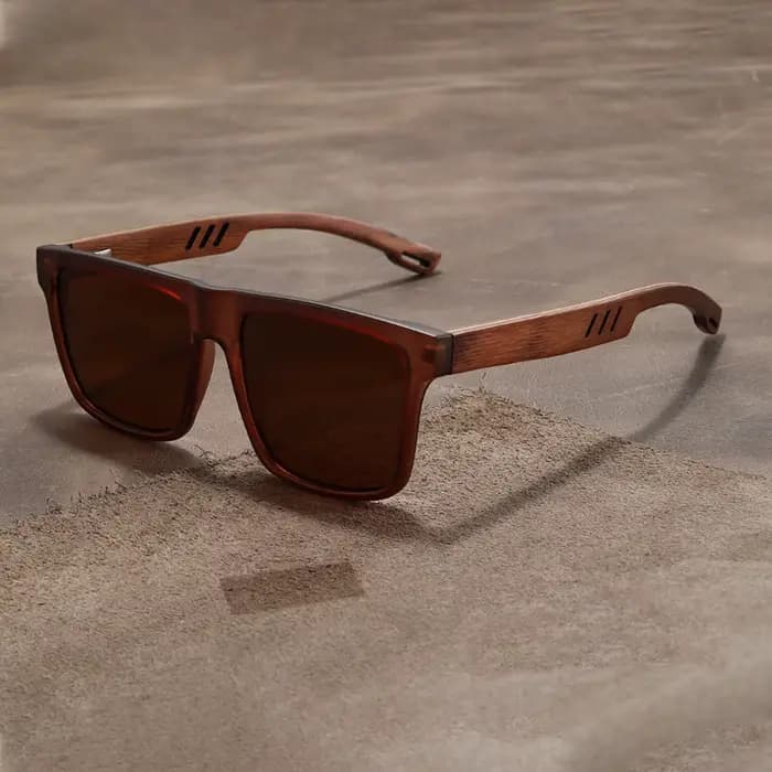 Lunettes de soleil carrées pour hommes avec monture en bois d'imitation naturelle