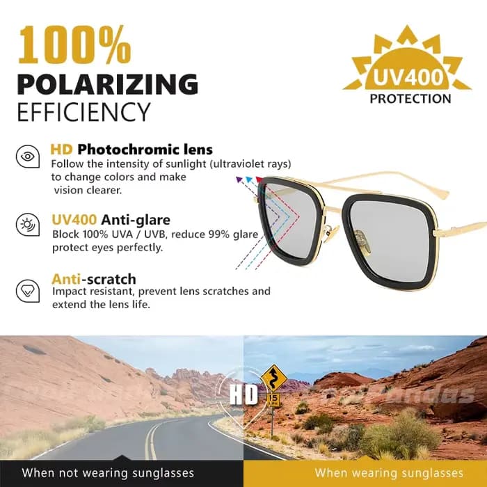 Top qualité Tony Stark carré lunettes de soleil photochromique polarisé hommes