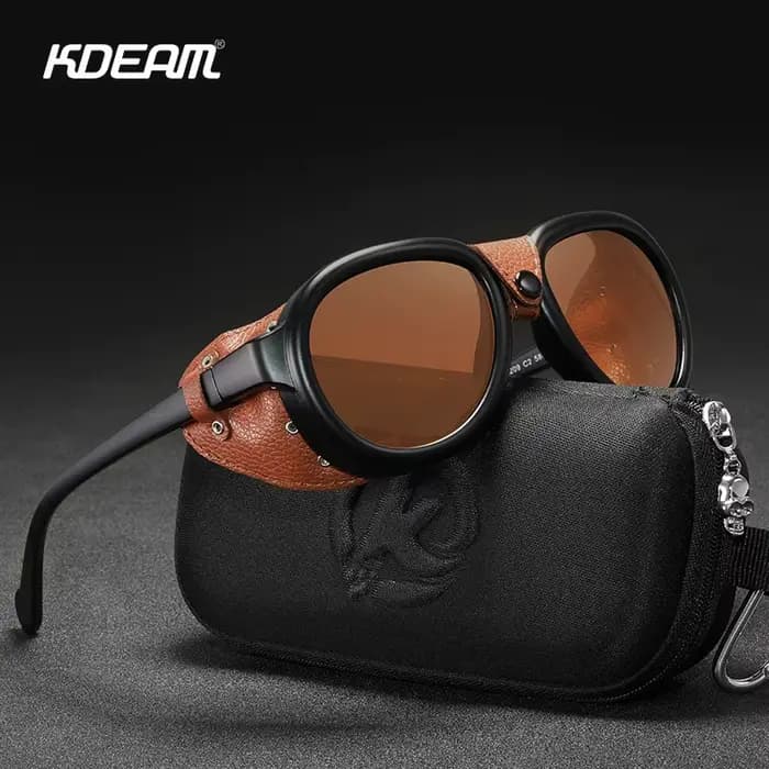 KDEAM luxe Steampunk pilote lunettes de soleil hommes et femmes en cuir souple bouclier lunettes UV4