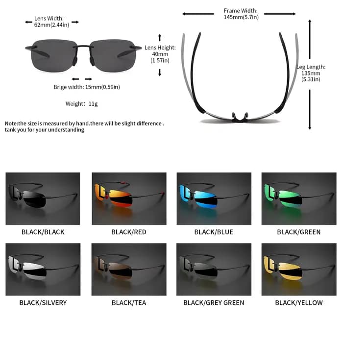 Lunettes de soleil polarisées sans cadre TR90 ultra légères 11 g – Coupe flexible et confortable, fo