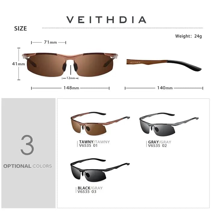 Lunettes de soleil de marque VEITHDIA en aluminium pour hommes, verres polarisés UV400, sans monture