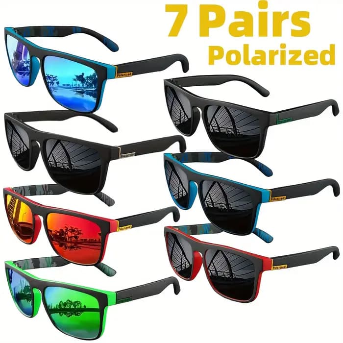 Lunettes de soleil polarisées carrées, 7 paires, Anti-éblouissement, pour fête d'été, vacances, voya