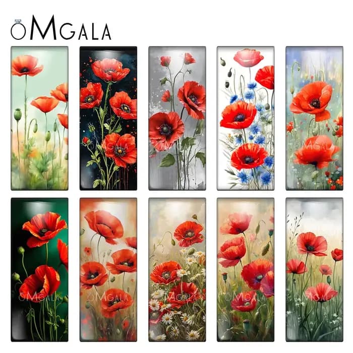 Assortiment de 10x25mm, Cabochons rectangulaires en verre, motifs artistiques de fleurs de pavot rou