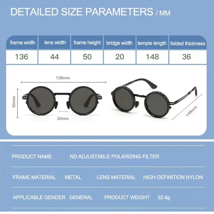 SHAUNA lunettes de soleil polarisées rondes à gradation réglable en métal Punk ND9 niveaux anti-lumi
