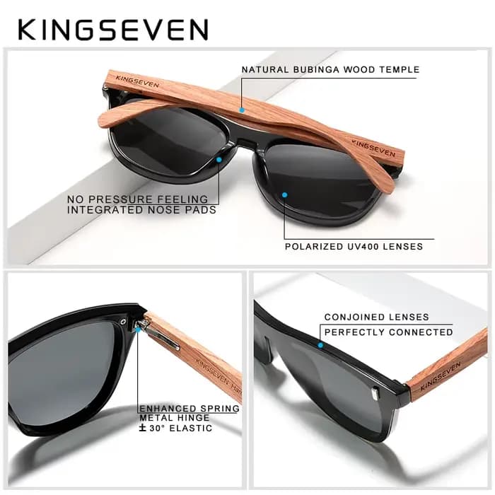 KINGSEVEN-Lunettes de soleil polarisées en bois pour hommes et femmes, moteurs naturels