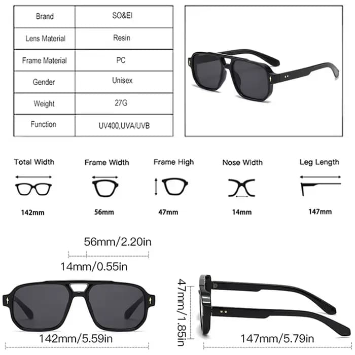 SO & EI Vintage Double ponts hommes lunettes de soleil carrées mode clair océan lentille lunettes fe