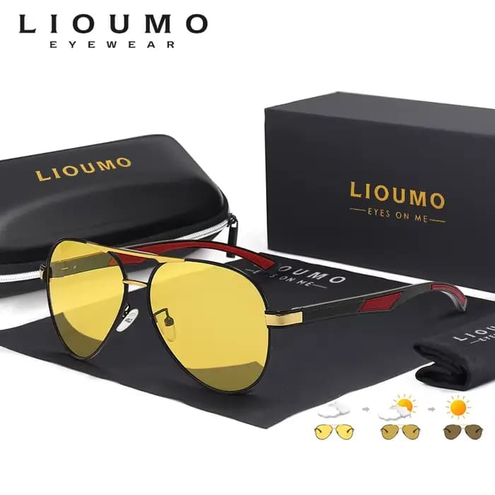 LIOUMO Lunettes de soleil photochromiques de luxe à verres jaunes pour hommes, vision nocturne, anti