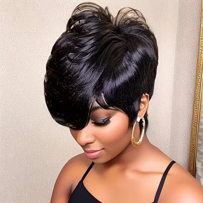 Perruque coupe lutin de cheveux humains sans colle de 6 pouces pour femmes avec longue frange Swoopy