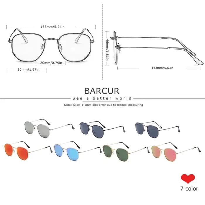 BARCUR classique rétro lunettes De soleil réfléchissantes homme hexagone lunettes De soleil cadre mé