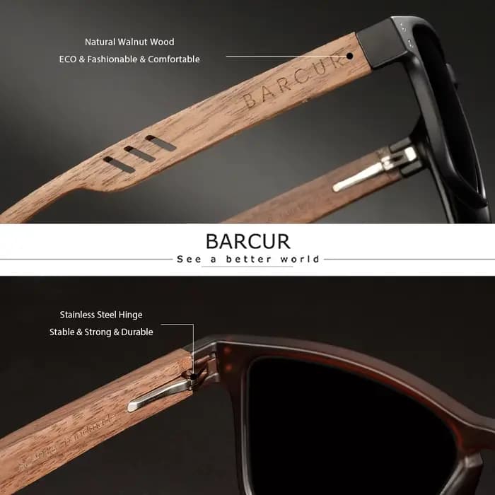 BARCUR-Lunettes de soleil polarisées en bois naturel pour hommes, lunettes carrées originales, lunet