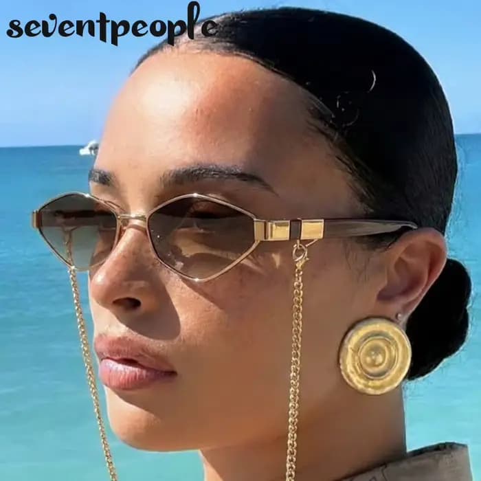 Lunettes de soleil hexagonales à petite monture avec chaîne pour femme 2026 – Marque de luxe vintage