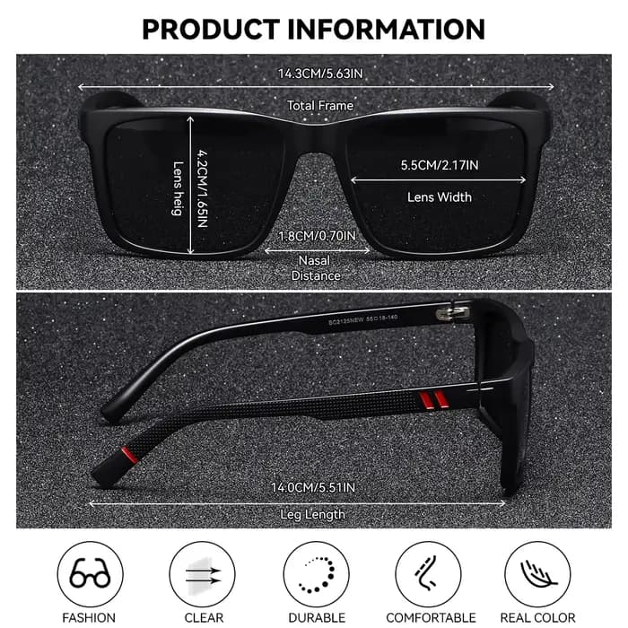 BARCUR Simple hommes lunettes de soleil Unique confort porter PC cadre carré UV400 parasol lunettes