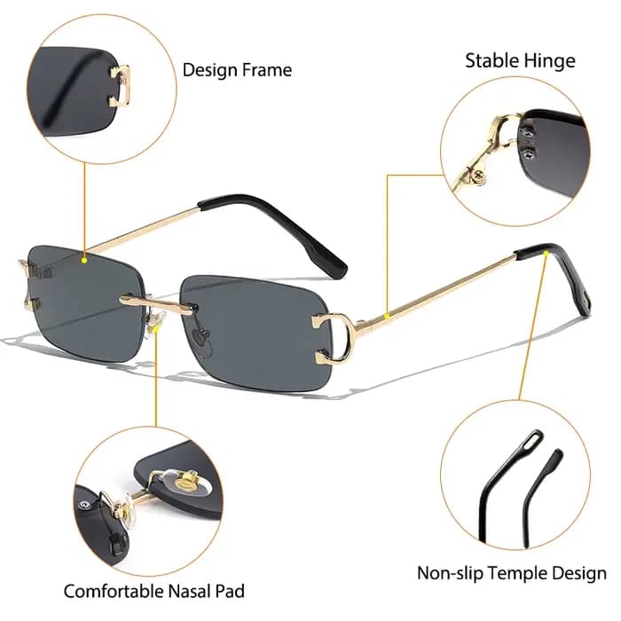 CATERSIDE bleu rectangulaire lunettes de soleil hommes sans monture en métal mode carré lunettes de