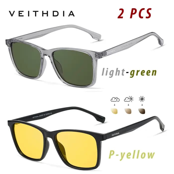 VEITHDIA – lunettes de soleil polarisées pour hommes, 2 pièces, lentille miroir photochromique UV400