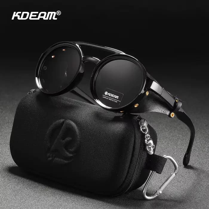 KDEAM Vintage lunettes de soleil rondes hommes femmes cuir bouclier lunettes de soleil double pont c