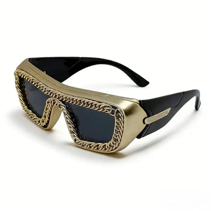 Lunettes de soleil rectangulaires de luxe avec chaîne dorée, monture épaisse, style punk rock hip ho