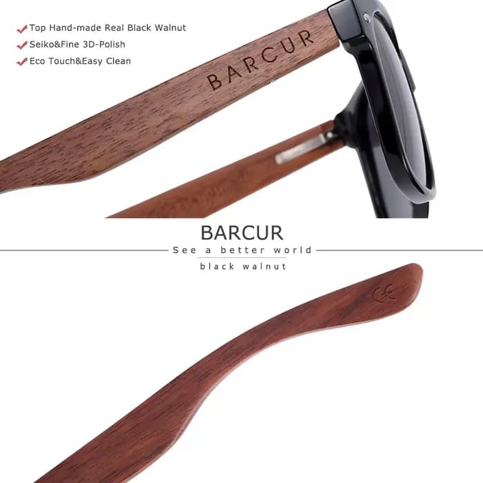 BARCUR haute qualité noir noyer lunettes de soleil Anti-reflet hommes femmes miroir lunettes de sole