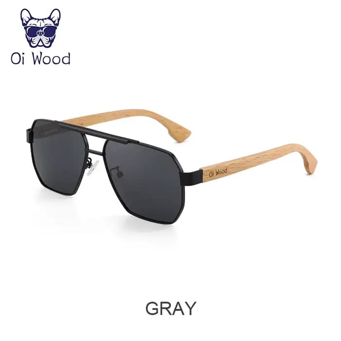 Lunettes de soleil en bois pour hommes et femmes, carrées en métal, lentille bleue, Protection UV, n