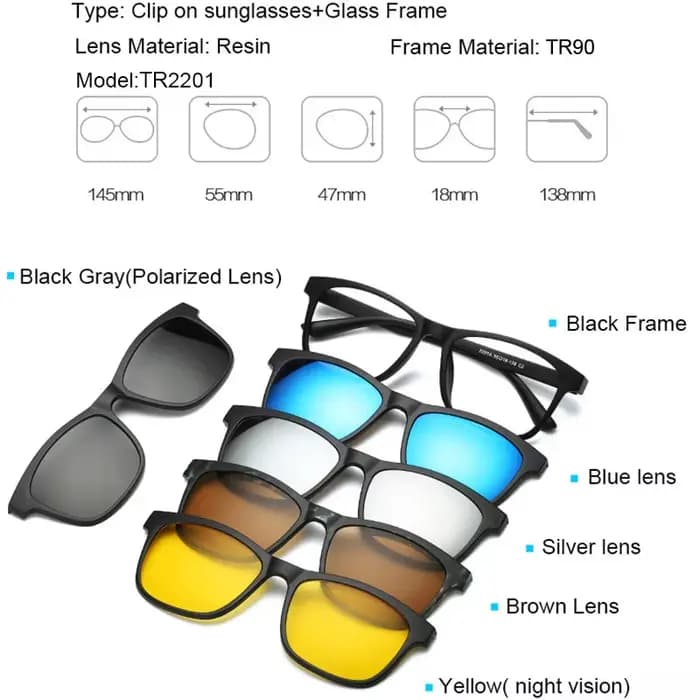 Lunettes de soleil à clip magnétique TR90 pour hommes et femmes, monture optique myopie avec 5 lenti