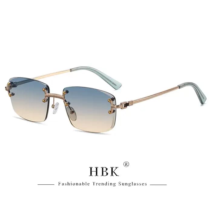 HBK-Lunettes de soleil carrées sans monture pour homme, verres dégradés bleus, métal de qualité supé