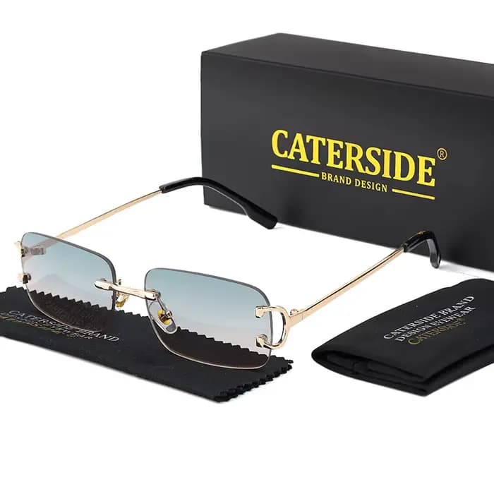 CATERSIDE bleu rectangulaire lunettes de soleil hommes sans monture en métal mode carré lunettes de