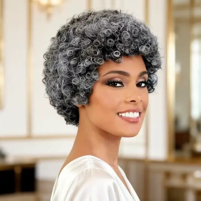 Perruque en cheveux humains gris pour femmes, perruque courte bouclée avec frange, pour maman/grand-mère, usage quotidien, 6 pouces, perruques bouclées rebondissantes, entièrement fabriquées à la mach