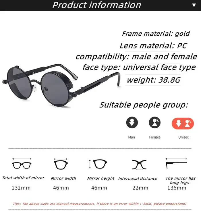 Lunettes de soleil rondes Steampunk pour hommes et femmes