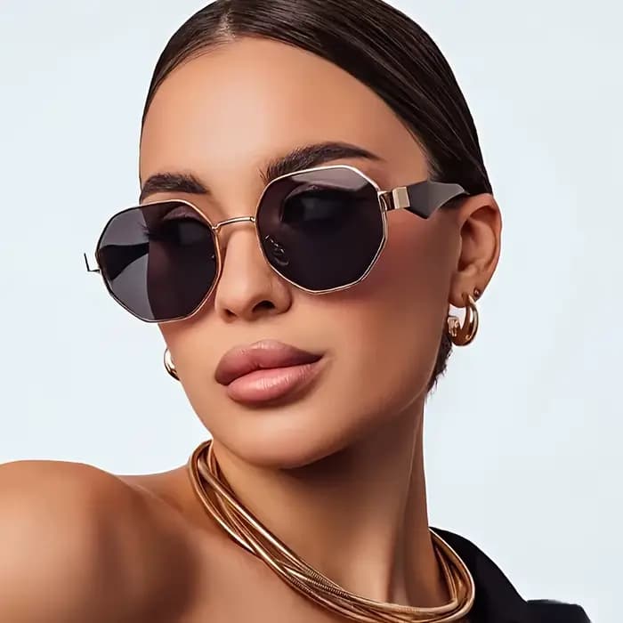 Lunettes de soleil hexagonales punk pour femmes avec chaîne