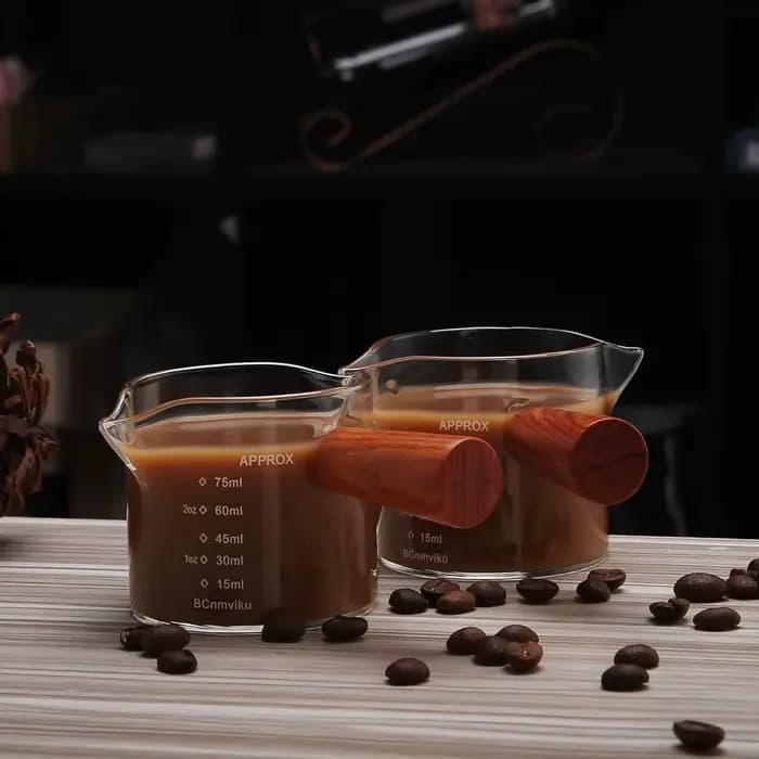 Verres à expresso en verre transparent de 75ML, avec manche en bois, tasse à mesurer, tasse à café, pichet en verre à haute teneur en Borosilicate, Barista