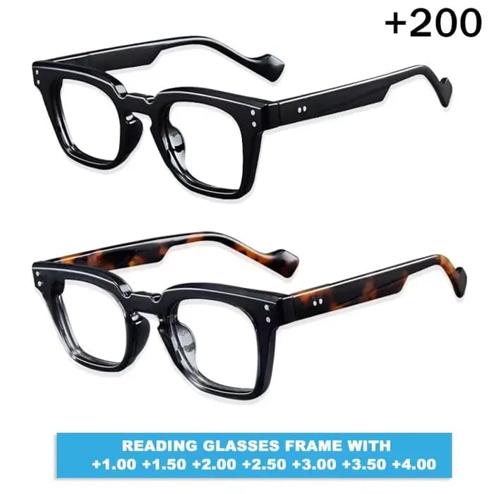 Un paquet de deux lunettes bifocales carrées noires et écaille de tortue. Simple et discret