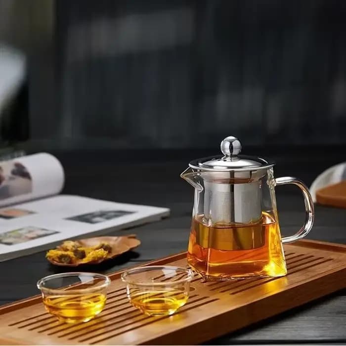 Théière en verre avec passoire, tasse transparente à quatre côtés, théière en verre, pour le bureau, la maison, l'été et l'hiver, 350/550/750ML