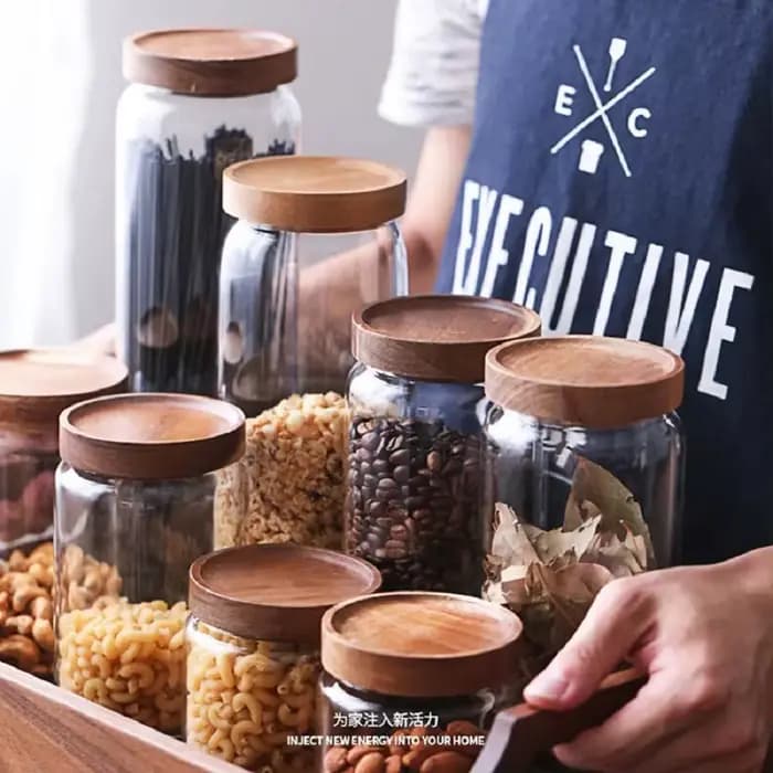 Petits pots de stockage en verre avec couvercles hermétiques, récipient à café avec couvercle en bois, bidon de garde-manger en verre pour haricots, riz, sucre, 1 pièce