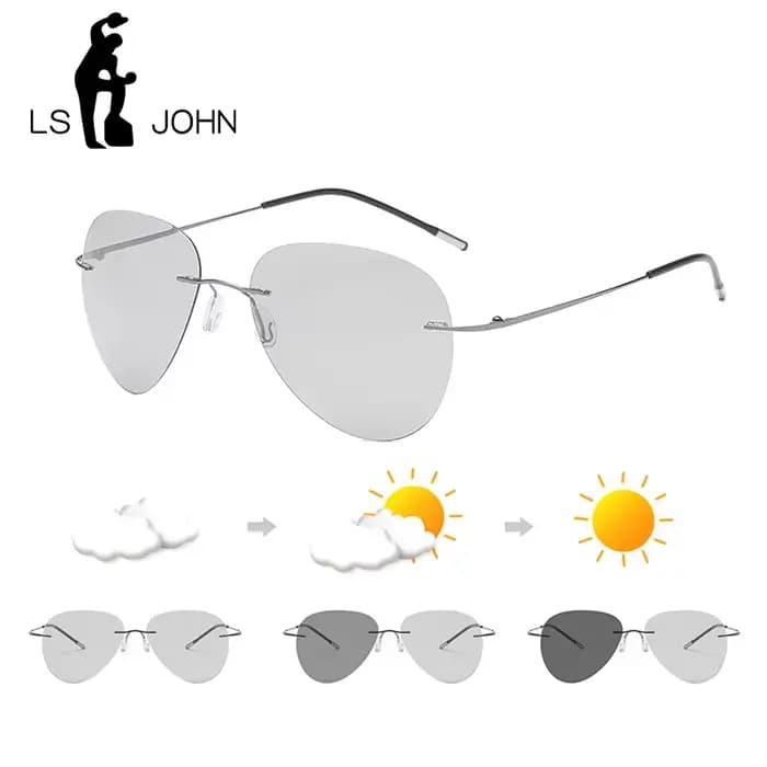 LS JOHN nouveau pilote photochromique lunettes de soleil polarisées hommes ultraléger titane sans monture Vintage