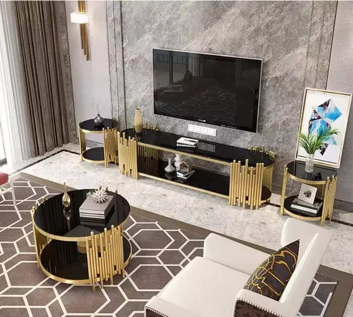 Table basse rotative en verre trempé noir, Table d'appoint de luxe en acier inoxydable, meuble TV, ensemble combiné de meubles