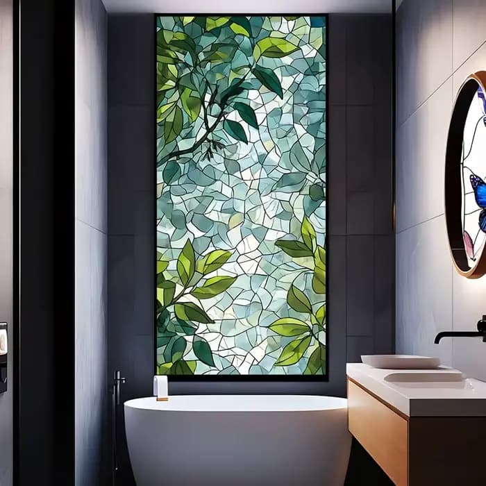 1 pièce Film adhésif statique pour fenêtre en verre teinté motif feuille verte - Film électrostatique givré - Autocollant décoratif de confidentialité pour la maison et la salle de bain