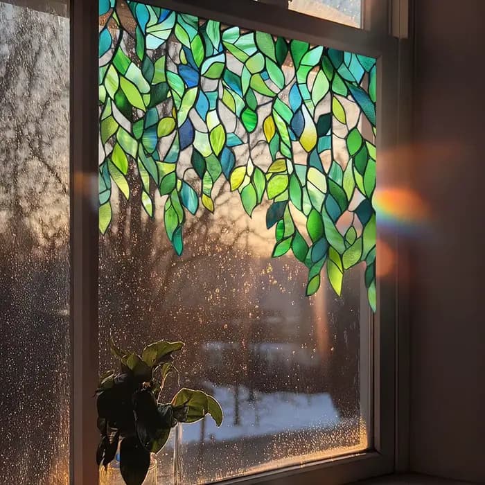 Feuilles vertes suspendues vignes autocollant en verre statique plante Pattren fenêtre coin décor Film auto-adhésif pour la décoration de fenêtres de la maison