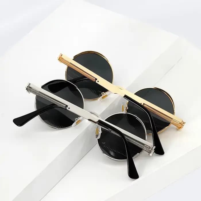 Lunettes de soleil rétro à monture ronde avec charnières à ressort en métal avec lentilles réfléchissantes et colorées