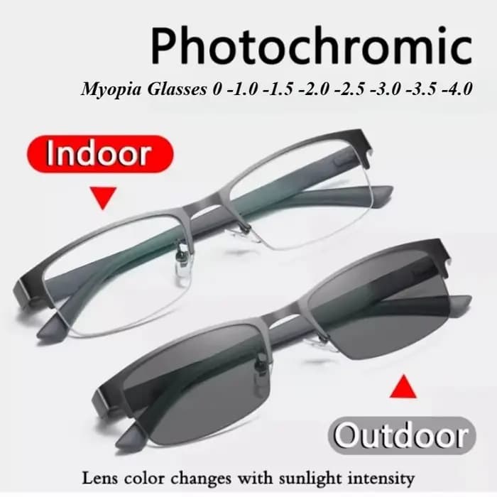 Lunettes de myopie à demi-monture photochromiques pour hommes, verres d'affaires gris 0 ~ -4.0, lunettes légères bloquant la lumière bleue