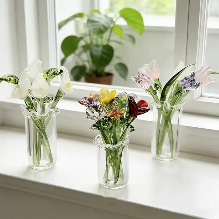 Décor de fleurs en verre fleurs en verre faites à la main Bouquet de fleurs en verre soufflé à la main avec Vase Mini décoration florale pour la maison