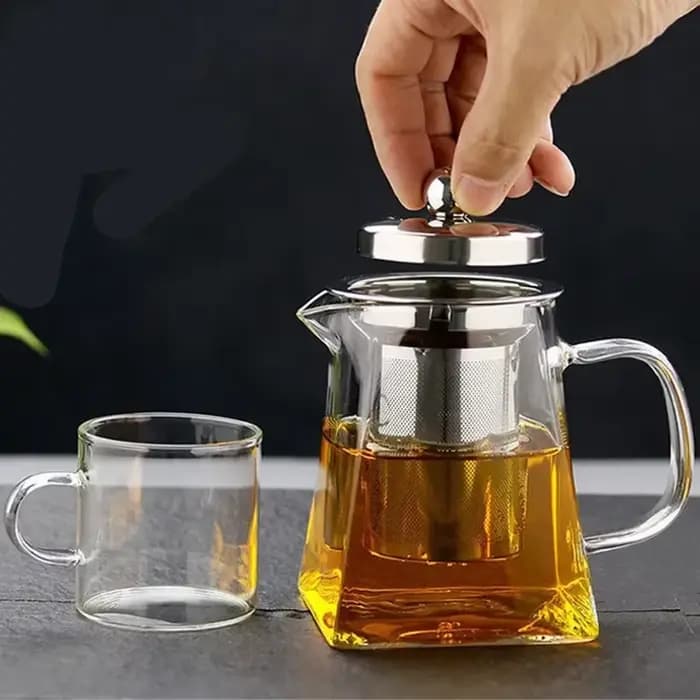 Théière en verre avec passoire, tasse transparente à quatre côtés, théière en verre, pour le bureau, la maison, l'été et l'hiver, 350/550/750ML