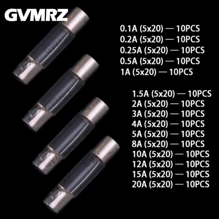 15 Valeurs Ensembles de fusibles en verre 5x20mm, 150 pièces: 0,1A 0,2A 0,25A 0,5A 1A 1,5A 2A 3A 4A 5A 8A 10A 12A 15A 20A