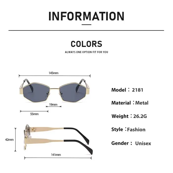 Lunettes de soleil de luxe punk à monture métallique polygonale pour femme