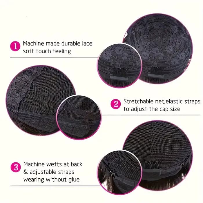 Perruque coupe lutin de cheveux humains pour femmes, entièrement fabriquée à la machine, couches courtes bouclées avec frange, noir naturel, bonnet en filet Rose de densité 150%