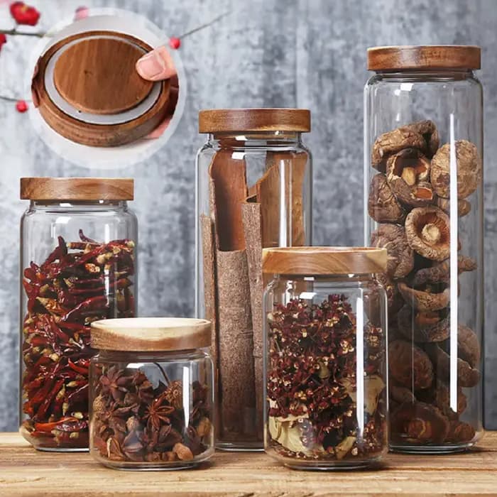Petits pots de stockage en verre avec couvercles hermétiques, récipient à café avec couvercle en bois, bidon de garde-manger en verre pour haricots, riz, sucre, 1 pièce