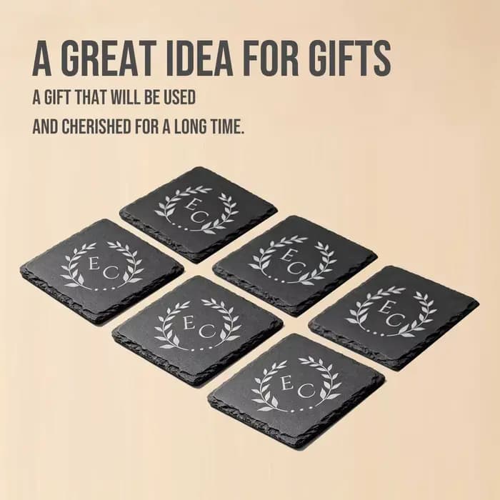 Lot de 6 sous-verres en ardoise personnalisés avec logo, sous-verres en pierre noire gravés sur mesure pour cadeaux d'entreprise, cadeaux pour clients