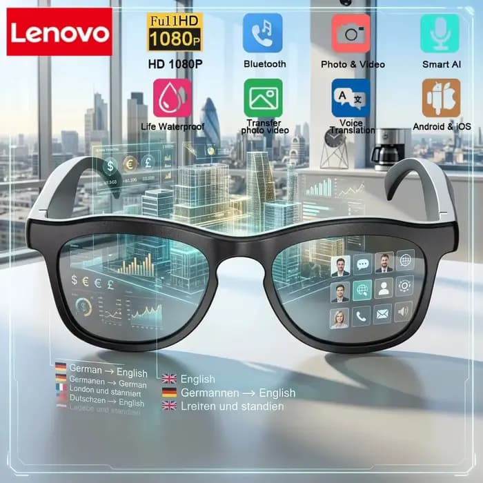 Lunettes intelligentes Lenovo Fashion Touch avec assistant vocal, Bluetooth, contrôle à distance pour la prise de vue, pour hommes et femmes