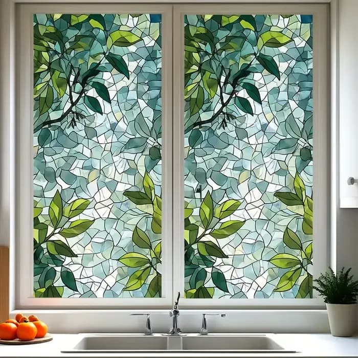 1 pièce Film adhésif statique pour fenêtre en verre teinté motif feuille verte - Film électrostatique givré - Autocollant décoratif de confidentialité pour la maison et la salle de bain