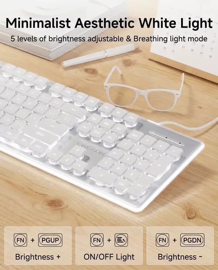 Clavier USB filaire avec rétroéclairage blanc, panneau métallique, touches Pudding, taille standard, silencieux, pour PC Windows, ordinateur portable, gamer